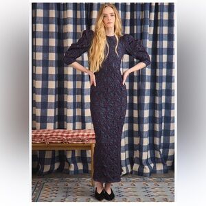 Hunter Bell Blythe Dress Navy Textured Puff-Sleeve Maxi Dress Size US 8 Perfect!